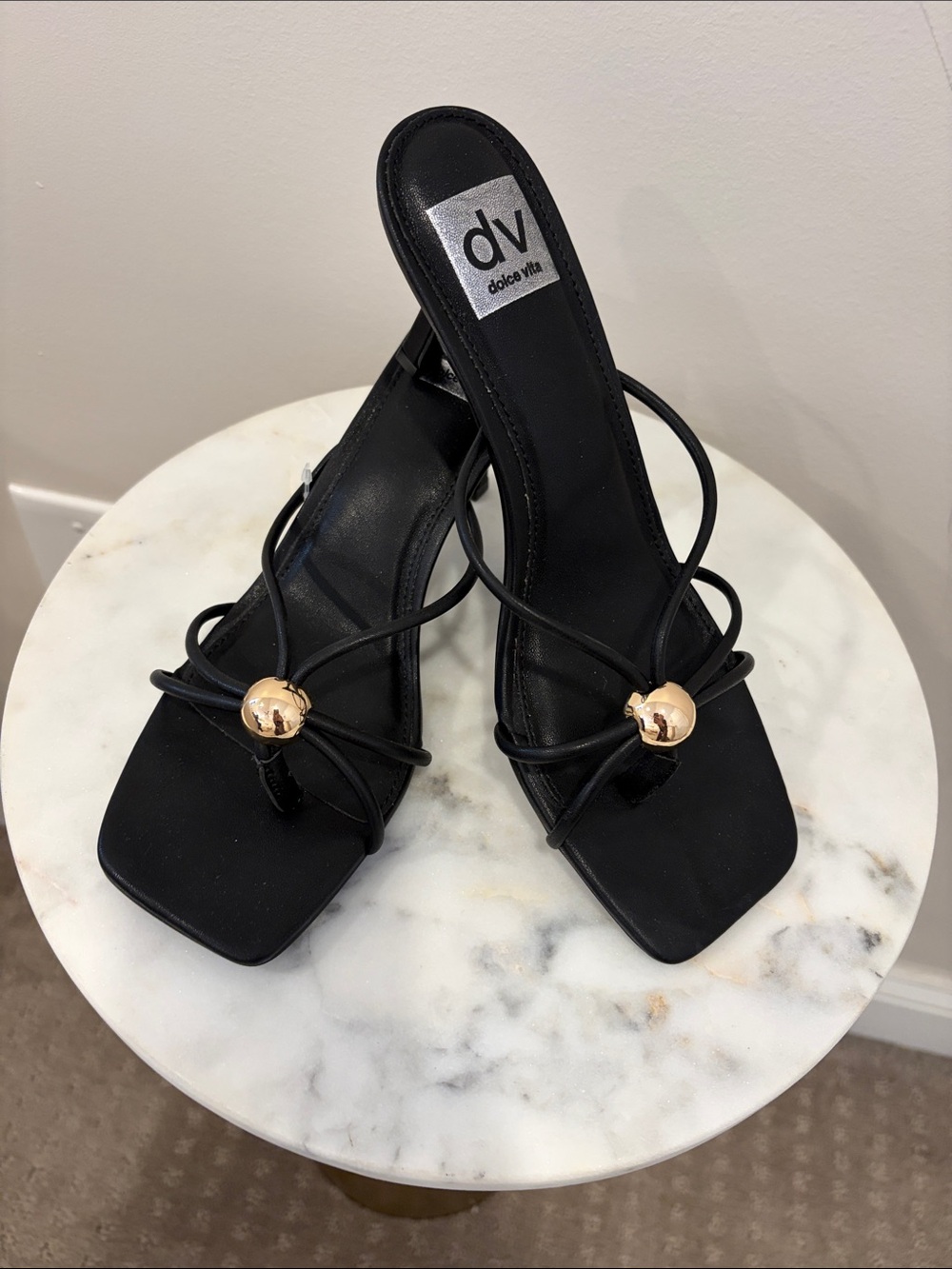 DV by Dolce Vita Black Strappy Slide Heels with Gold Orb Detail